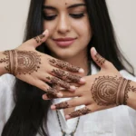 a photo of a young woman with best simple mehndi designs for front and back for special occasion